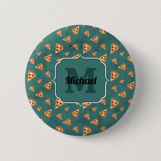 Cool pizza slices vintage teal pattern Monogram Button (Front)