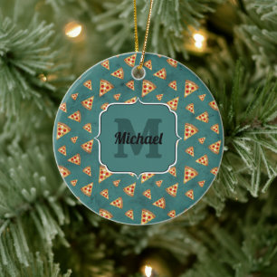 Cool pizza slices vintage teal pattern Monogram Ceramic Ornament