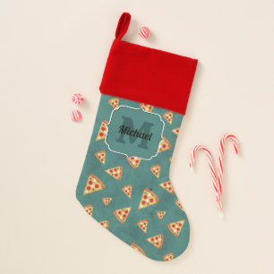 Cool pizza slices vintage teal pattern Monogram Christmas Stocking