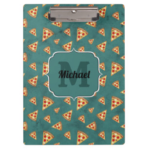 Cool pizza slices vintage teal pattern Monogram Clipboard