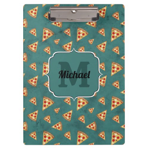 Cool pizza slices vintage teal pattern Monogram Clipboard