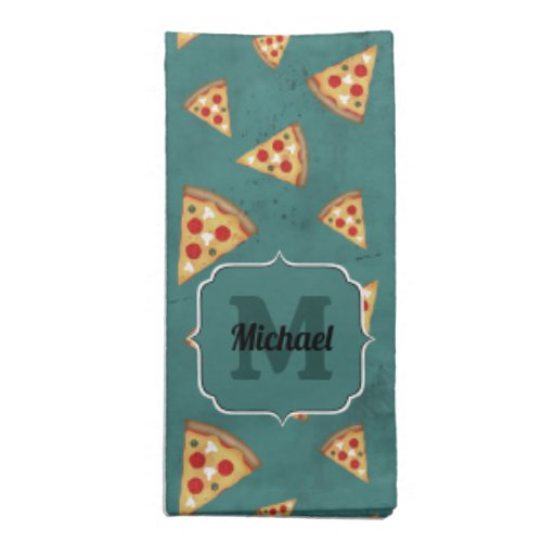 Cool pizza slices vintage teal pattern Monogram Cloth Napkin