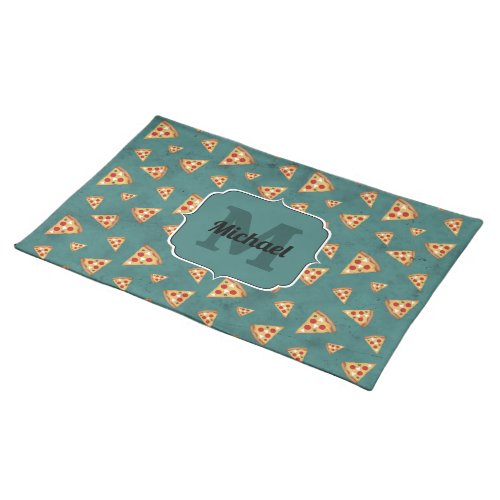 Cool pizza slices vintage teal pattern Monogram Cloth Placemat