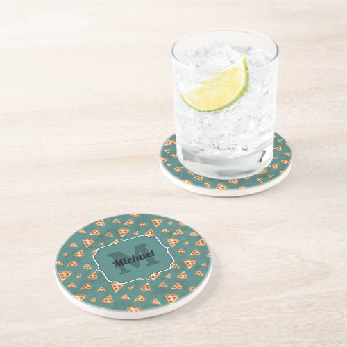 Cool pizza slices vintage teal pattern Monogram Coaster