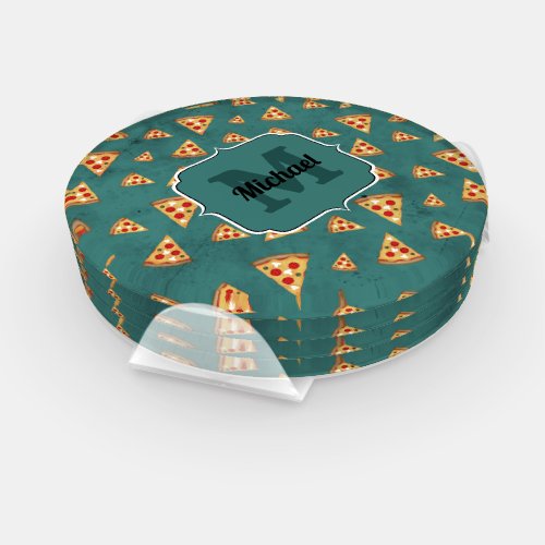 Cool pizza slices vintage teal pattern Monogram Coaster Set