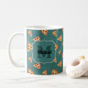 Cool pizza slices vintage teal pattern Monogram Coffee Mug