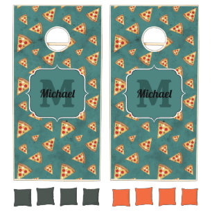 Cool pizza slices vintage teal pattern Monogram Cornhole Set