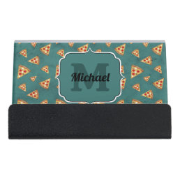 Cool pizza slices vintage teal pattern Monogram Desk Business Card Holder