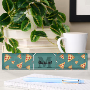 Cool pizza slices vintage teal pattern Monogram Desk Name Plate