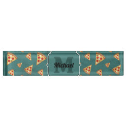 Cool pizza slices vintage teal pattern Monogram Desk Name Plate
