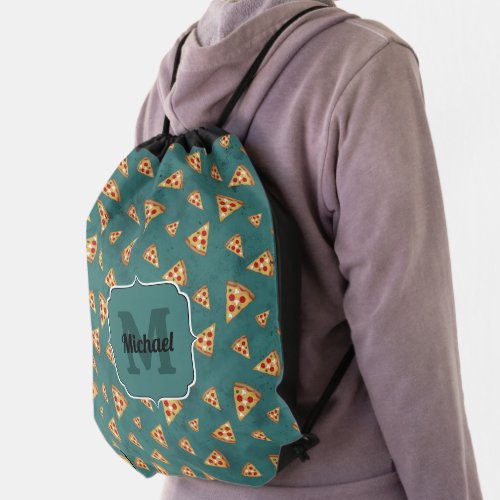 Cool pizza slices vintage teal pattern Monogram Drawstring Bag