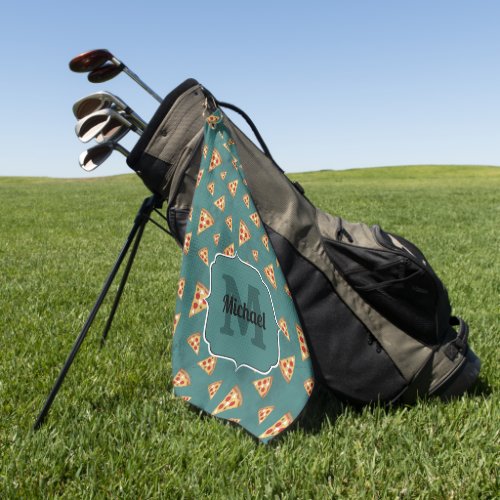 Cool pizza slices vintage teal pattern Monogram Golf Towel