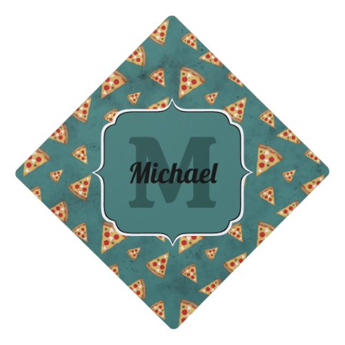 Cool pizza slices vintage teal pattern Monogram Graduation Cap Topper