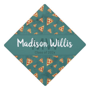 Cool pizza slices vintage teal pattern Monogram Graduation Cap Topper