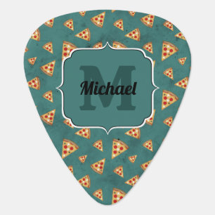 Cool pizza slices vintage teal pattern Monogram Guitar Pick