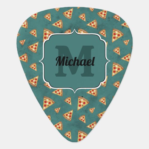 Cool pizza slices vintage teal pattern Monogram Guitar Pick