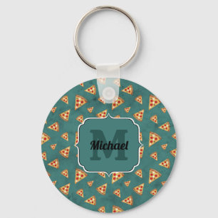 Cool pizza slices vintage teal pattern Monogram Keychain