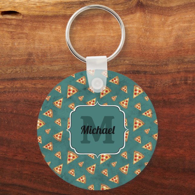 Cool pizza slices vintage teal pattern Monogram Keychain (Front)