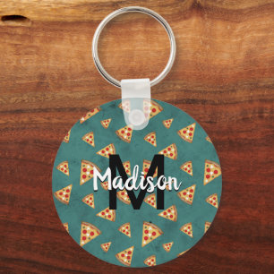 Cool pizza slices vintage teal pattern Monogram Keychain