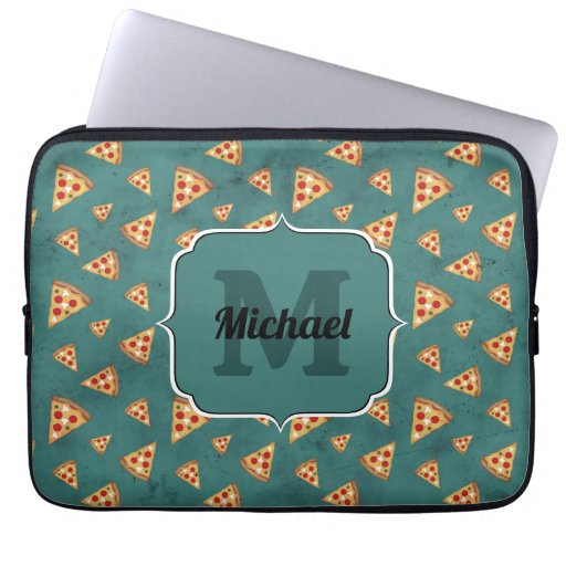Cool pizza slices vintage teal pattern Monogram Laptop Sleeve
