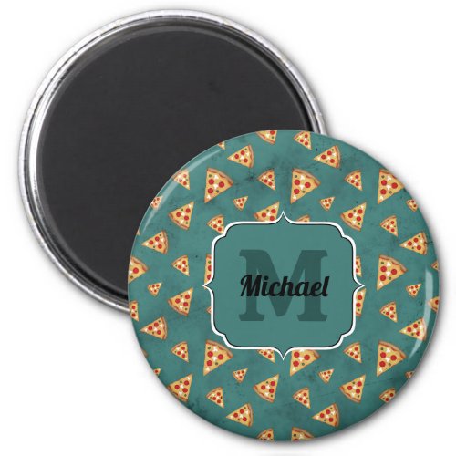 Cool pizza slices vintage teal pattern Monogram Magnet