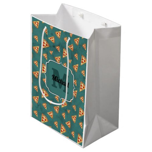 Cool pizza slices vintage teal pattern Monogram Medium Gift Bag