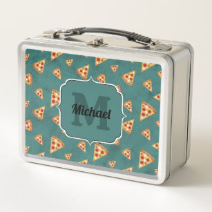 Cool pizza slices vintage teal pattern Monogram Metal Lunch Box