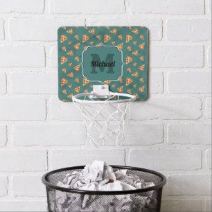 Cool pizza slices vintage teal pattern Monogram Mini Basketball Hoop