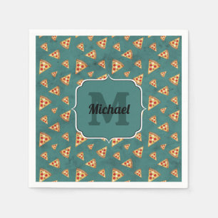 Cool pizza slices vintage teal pattern Monogram Napkins