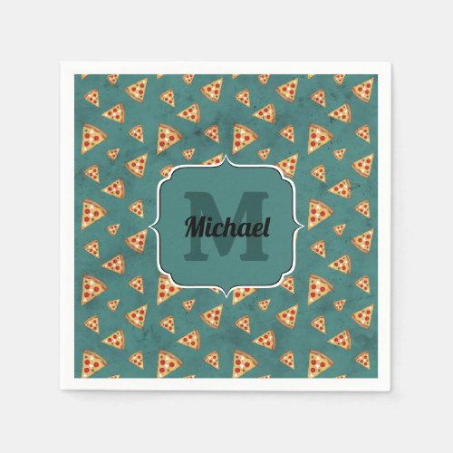 Cool pizza slices vintage teal pattern Monogram Napkins