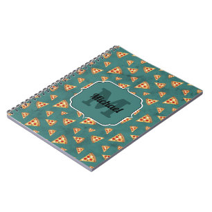 Cool pizza slices vintage teal pattern Monogram Notebook
