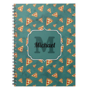 Cool pizza slices vintage teal pattern Monogram Notebook