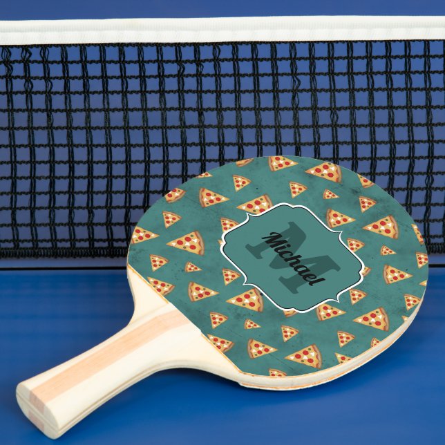 Cool pizza slices vintage teal pattern Monogram Ping Pong Paddle (Insitu)