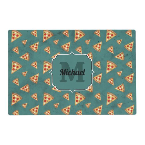 Cool pizza slices vintage teal pattern Monogram Placemat