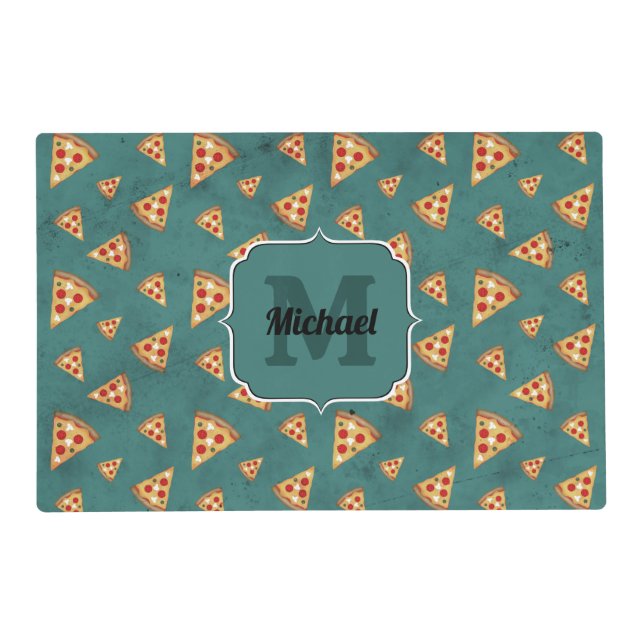 Cool pizza slices vintage teal pattern Monogram Placemat (Front)