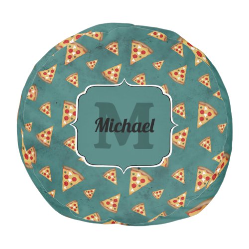 Cool pizza slices vintage teal pattern Monogram Pouf