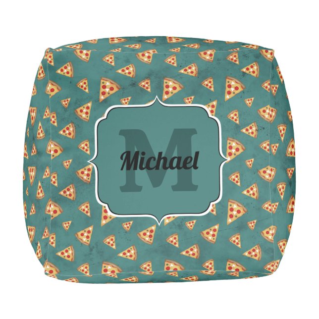 Cool pizza slices vintage teal pattern Monogram Pouf (Top)