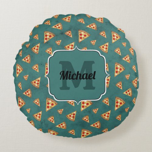 Cool pizza slices vintage teal pattern Monogram Round Pillow