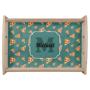 Cool pizza slices vintage teal pattern Monogram Serving Tray