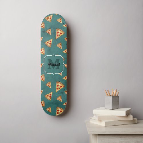 Cool pizza slices vintage teal pattern Monogram Skateboard