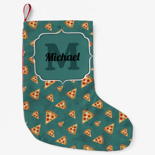 Cool pizza slices vintage teal pattern Monogram Small Christmas Stocking