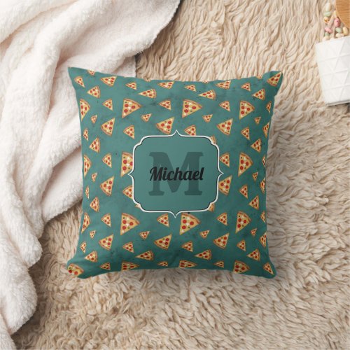 Cool pizza slices vintage teal pattern Monogram Throw Pillow