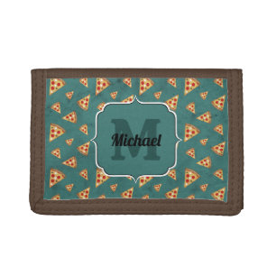 Cool pizza slices vintage teal pattern Monogram Tri-fold Wallet