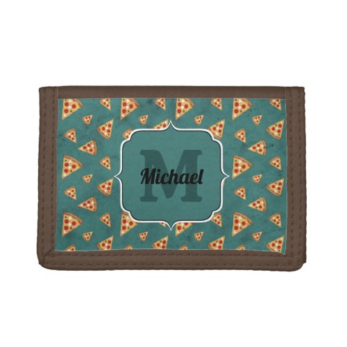 Cool pizza slices vintage teal pattern Monogram Trifold Wallet