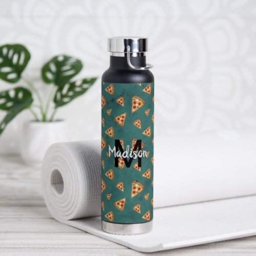 Cool pizza slices vintage teal pattern Monogram Water Bottle