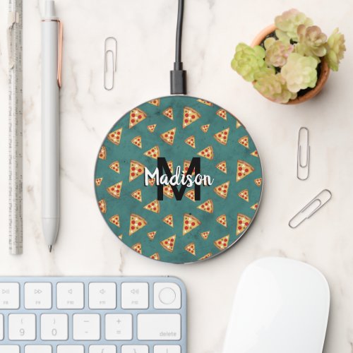 Cool pizza slices vintage teal pattern Monogram Wireless Charger