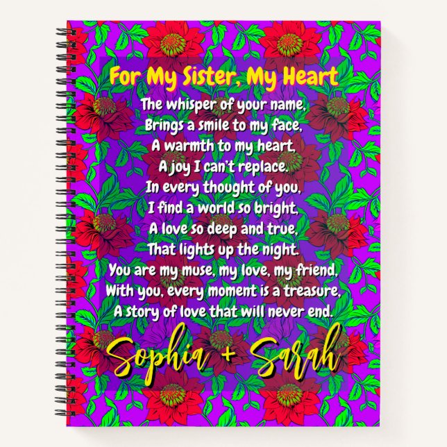 Cool Poem for My Sister | Personalized Floral Gift Notebook (Front)