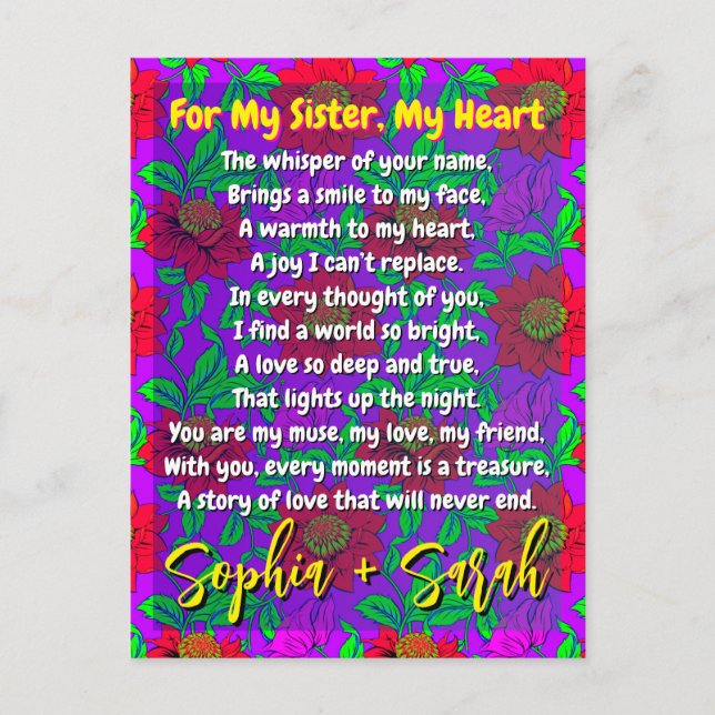Cool Poem for My Sister | Personalized Floral Postcard (Front)