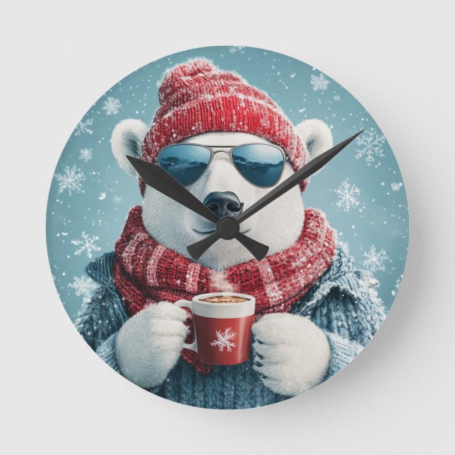 Cool Polar Bear Wall Clock with Hot Cocoa - Fun Wi (Front)