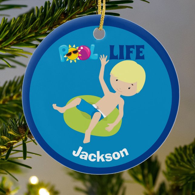 Cool Pool Boy Personalized Blonde Kids Swim Team Ceramic Ornament (Creator Uploaded)